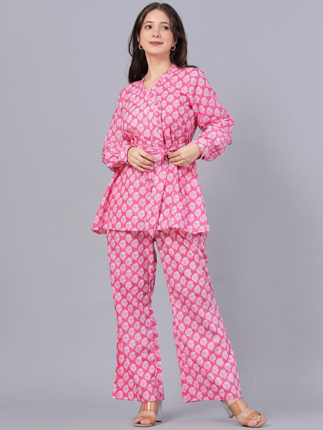 

KUROCK Printed Pure Cotton Top with Trousers, Pink