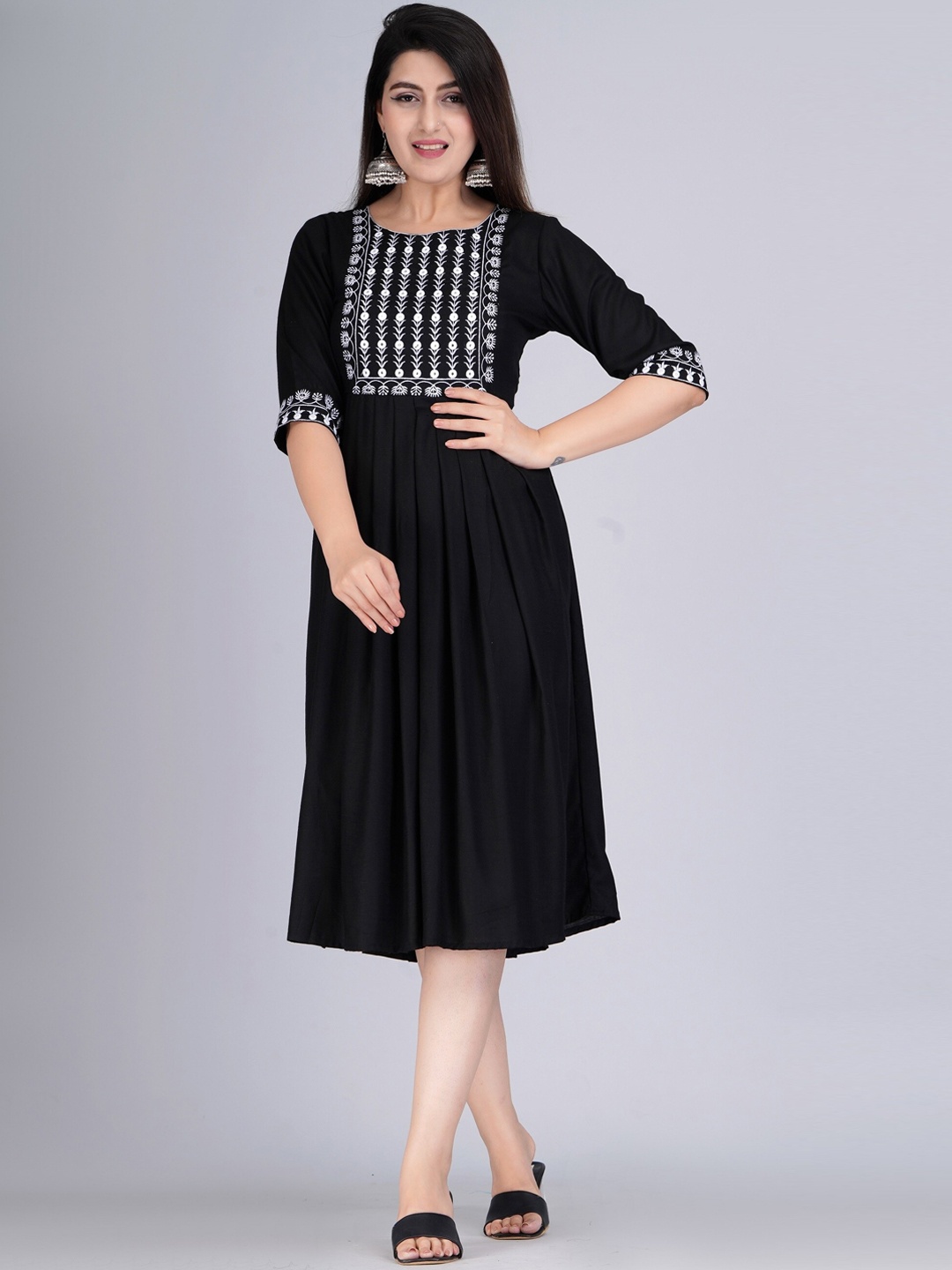 

KUROCK Floral Embroidered Fit and Flare Ethnic Dresses, Black