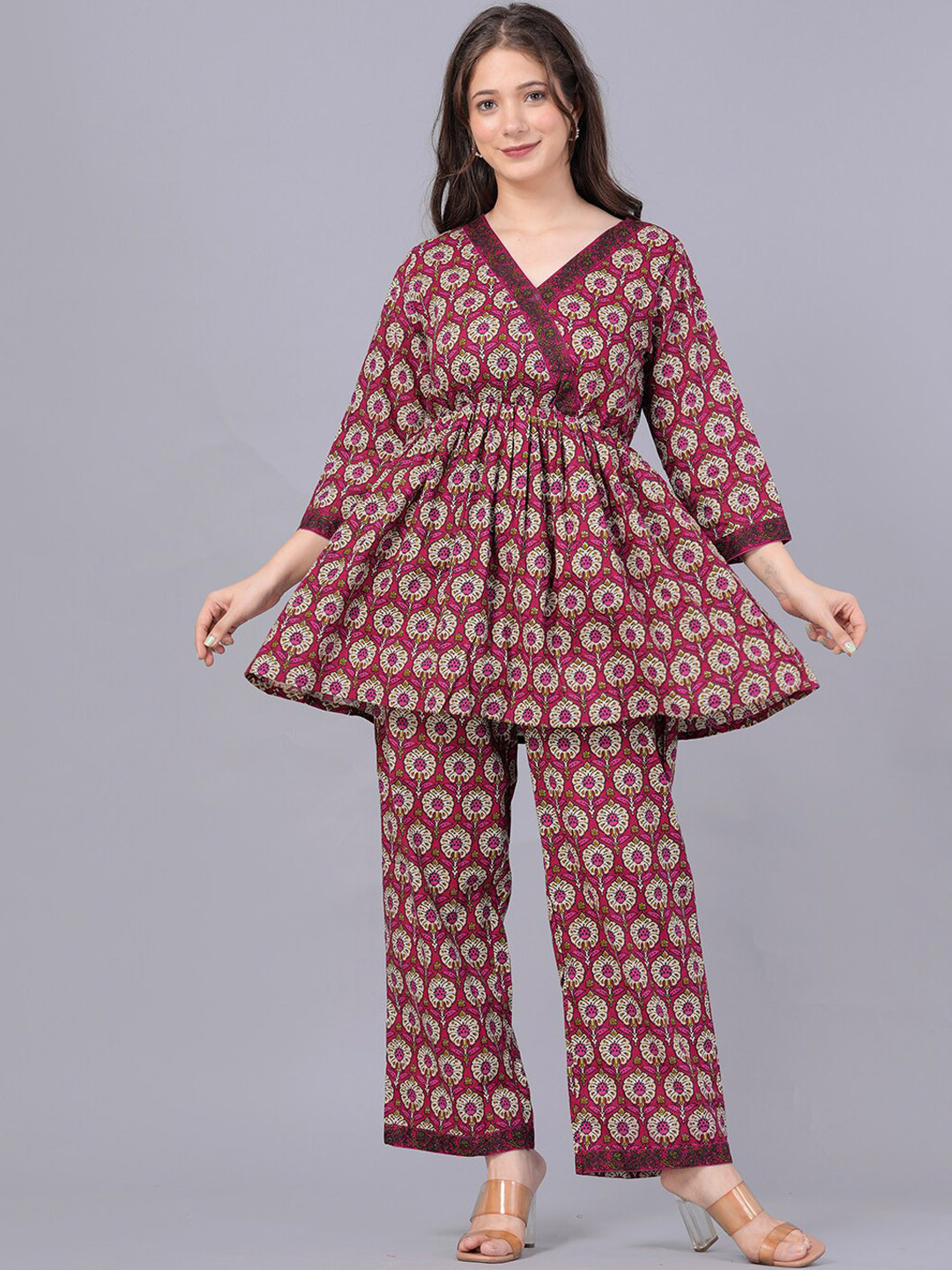 

KUROCK Ethnic Motifs Printed Pure Cotton Top & Trouser, Purple