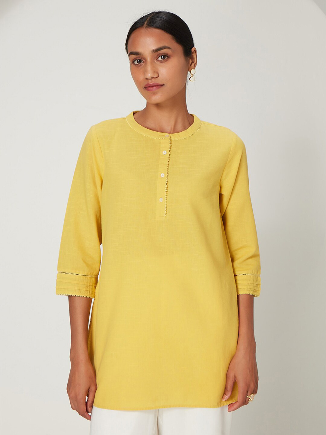 

Ancestry Mandarin Collar Cotton Linen A-Line Top, Mustard