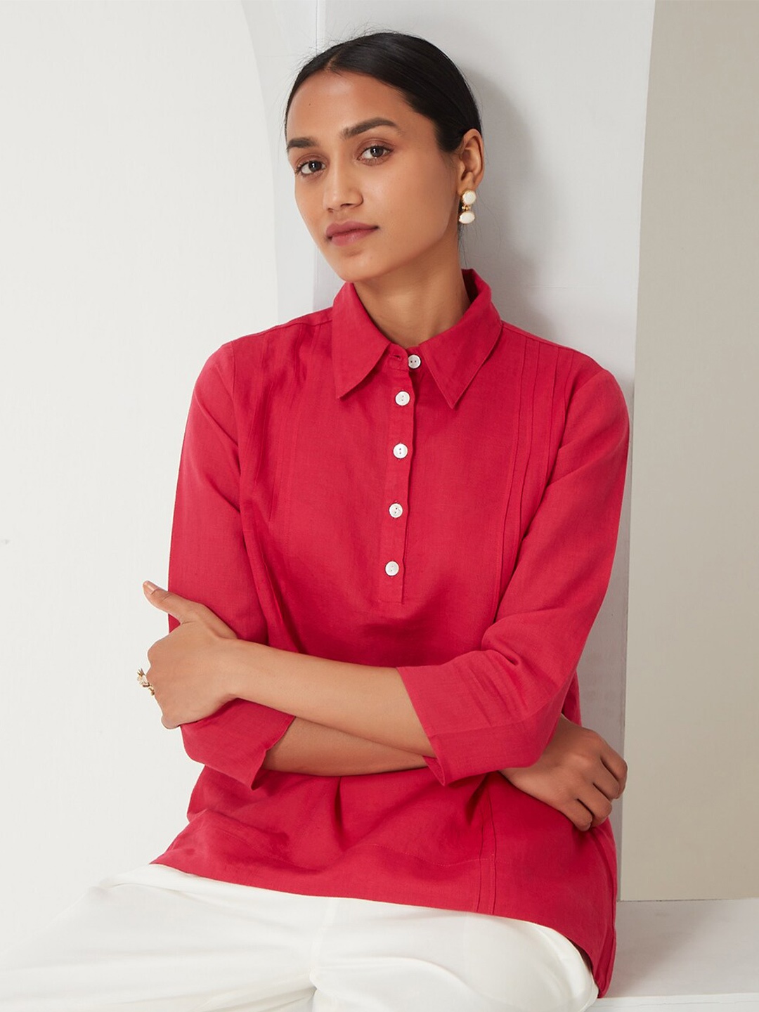 

Ancestry Pin Tucks Linen Shirt Style Top, Fuchsia