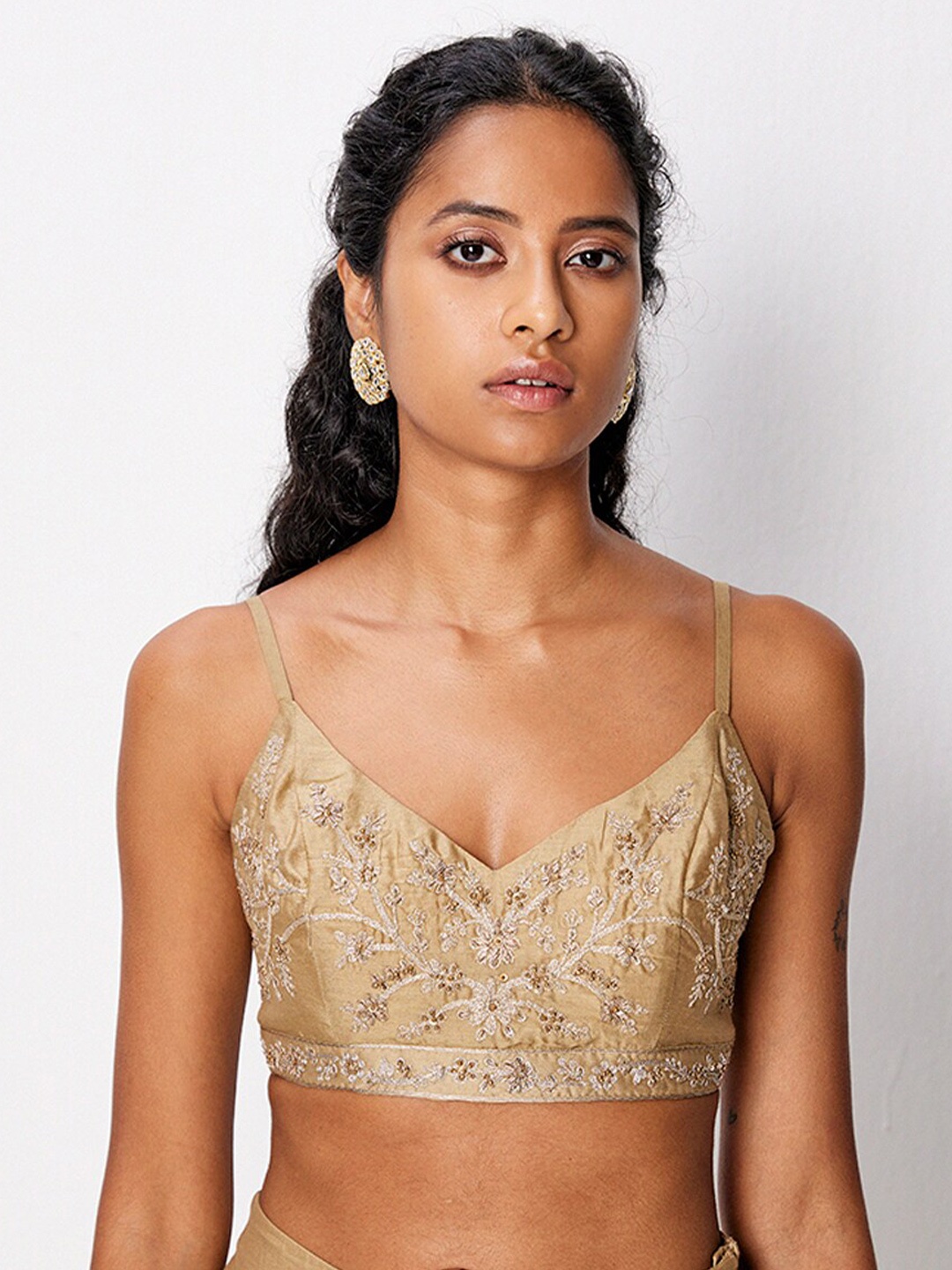 

Ancestry Floral Embroidered Sequinned Bralette Crop Top, Beige