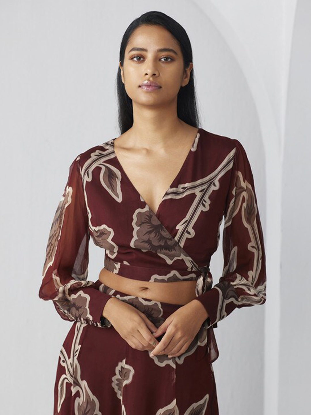 

Ancestry Floral Printed Wrap Crop Top, Maroon