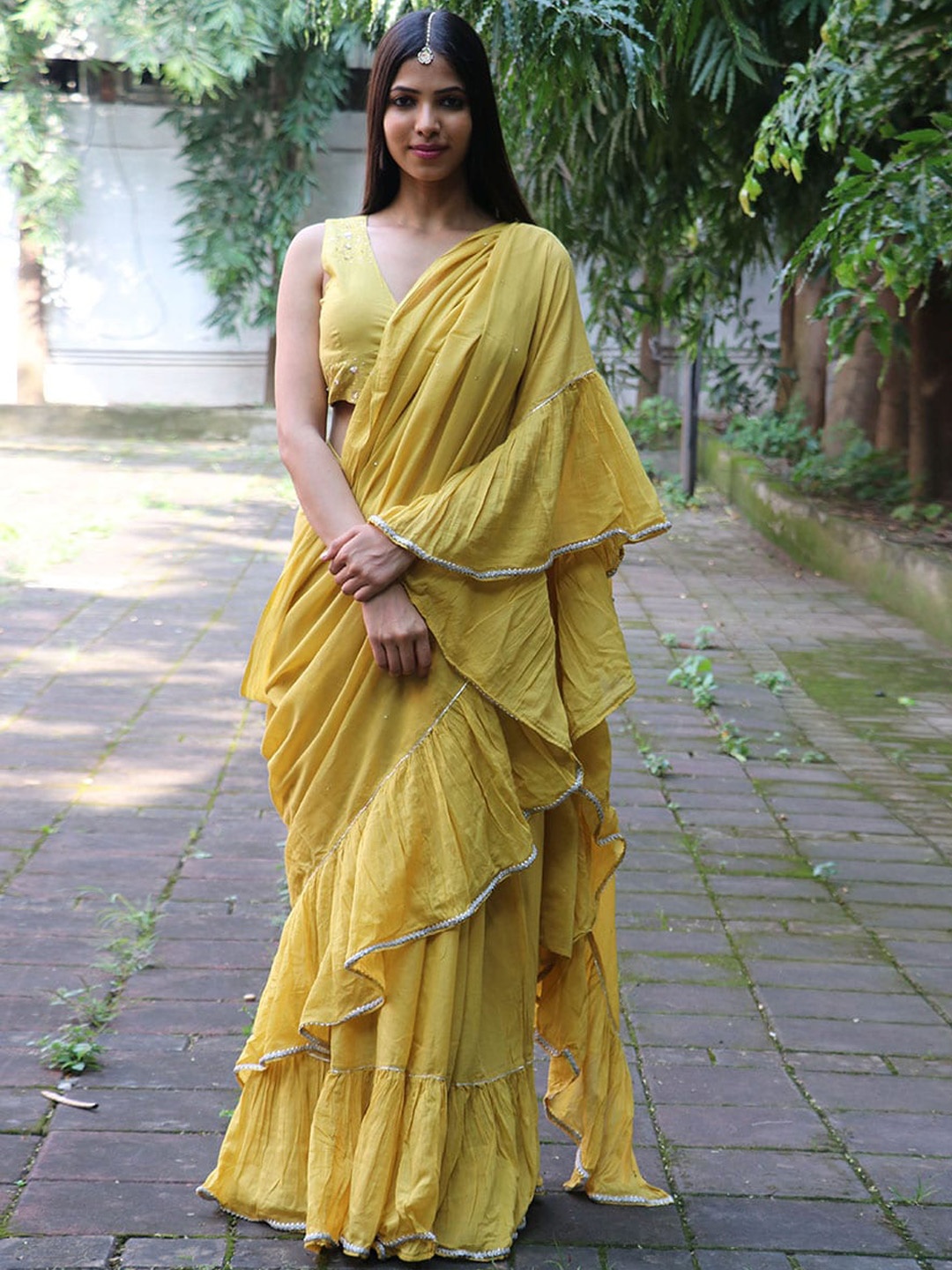 

Chidiyaa Sequinned Ready to Wear Ruffled Saree, Yellow