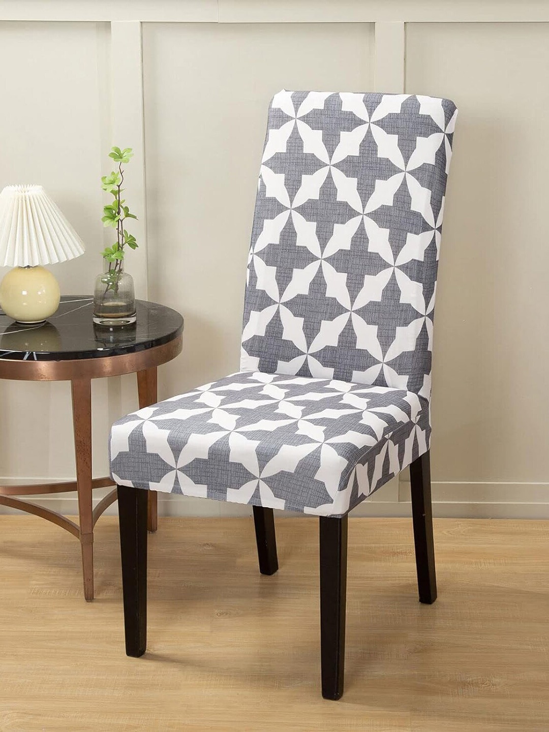 

HOUSE OF QUIRK Grey & White 4-Pieces Printed Stretchable Chair Covers