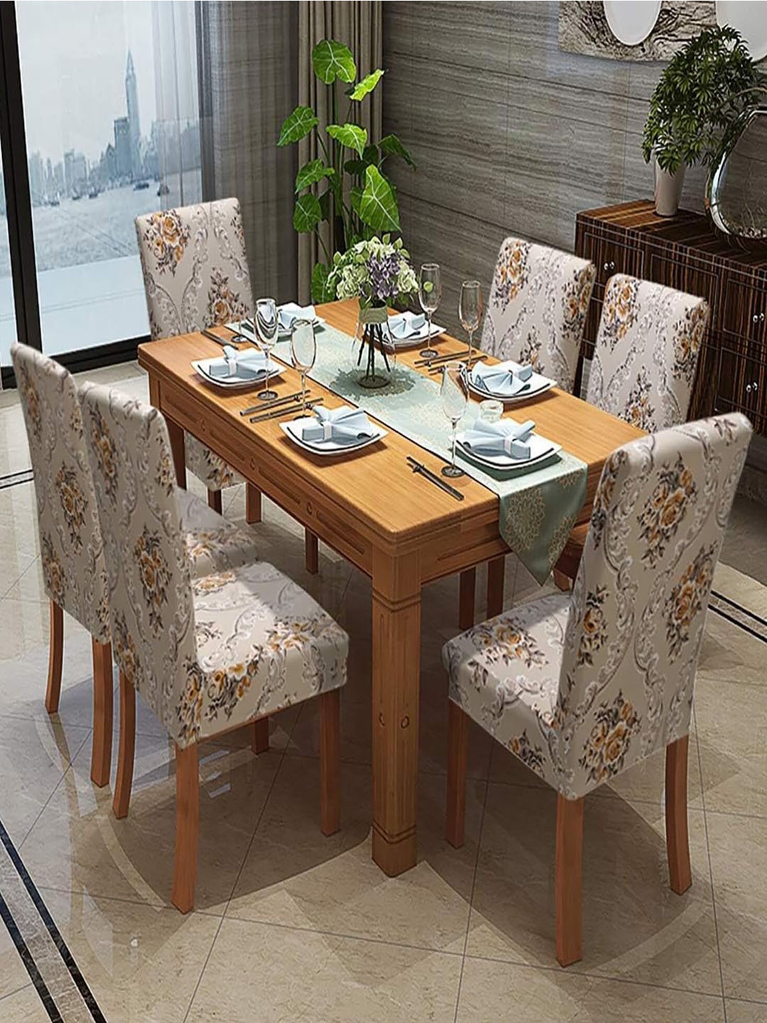

HOUSE OF QUIRK Beige 6-Pieces Printed Stretchable Chair Covers