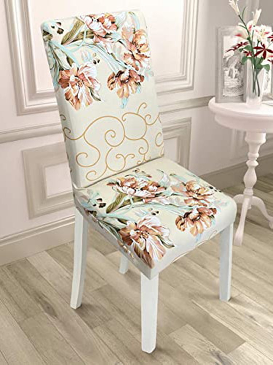 

HOUSE OF QUIRK 6 Pieces Beige Floral Printed Stretchable Chair Covers