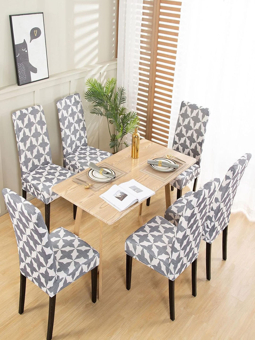 

HOUSE OF QUIRK Grey & White 6 Pieces Printed Stretchable Chair Covers