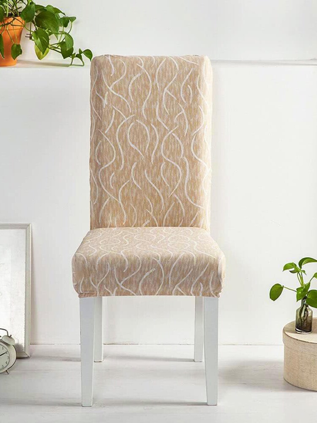 

HOUSE OF QUIRK 6 Pcs Beige & White Printed Elasticated Chair Covers
