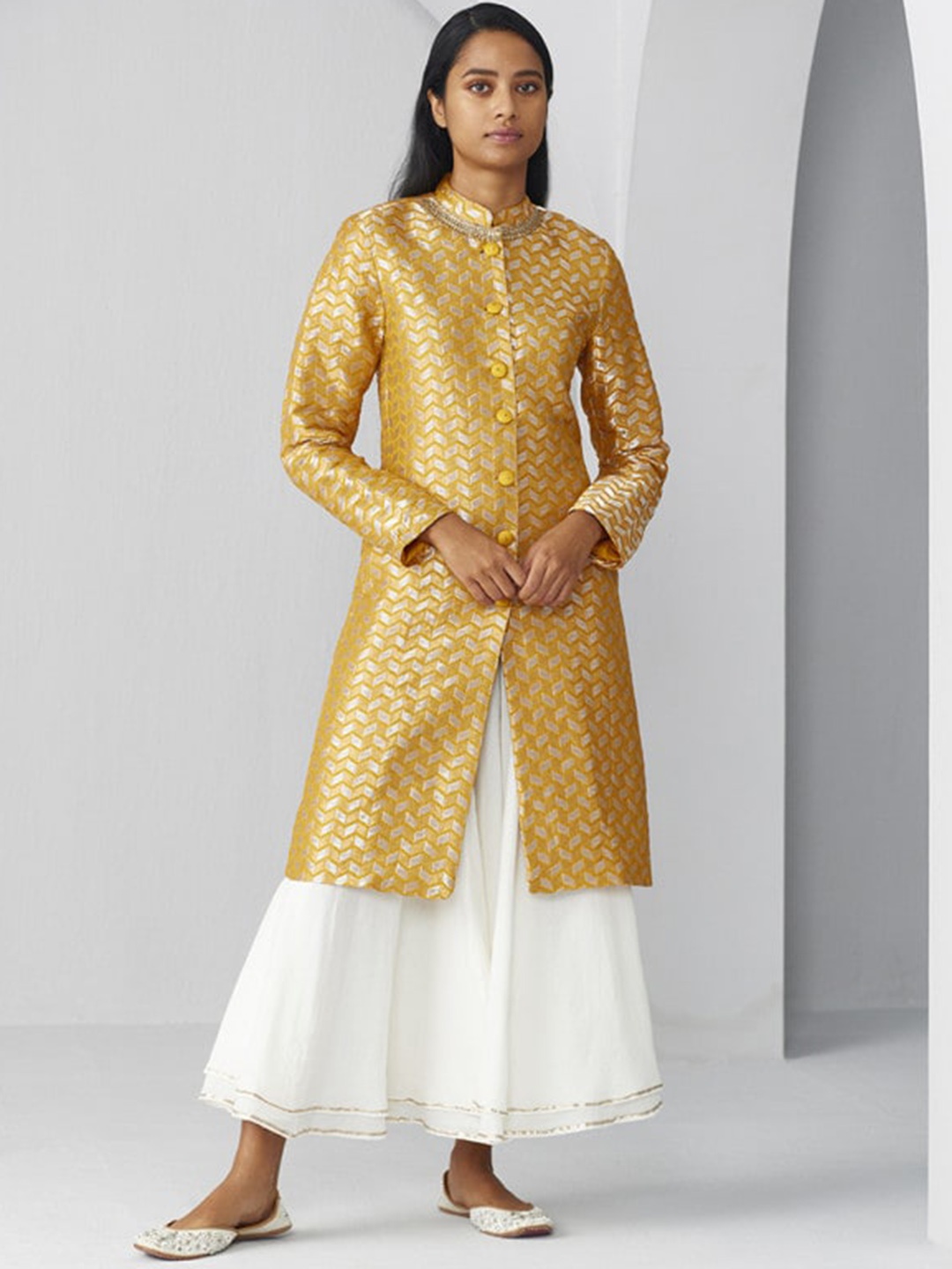 

Ancestry Geometric Self Design Mandarin Collar Longline Open Front Jacket, Yellow