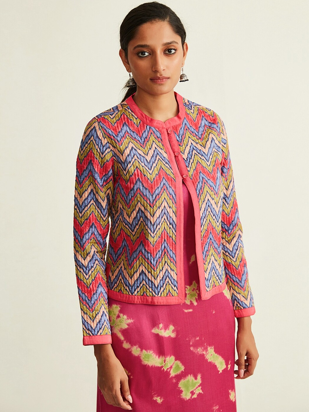 

Ancestry Geometric Reversible Crop Tailored Jacket, Pink