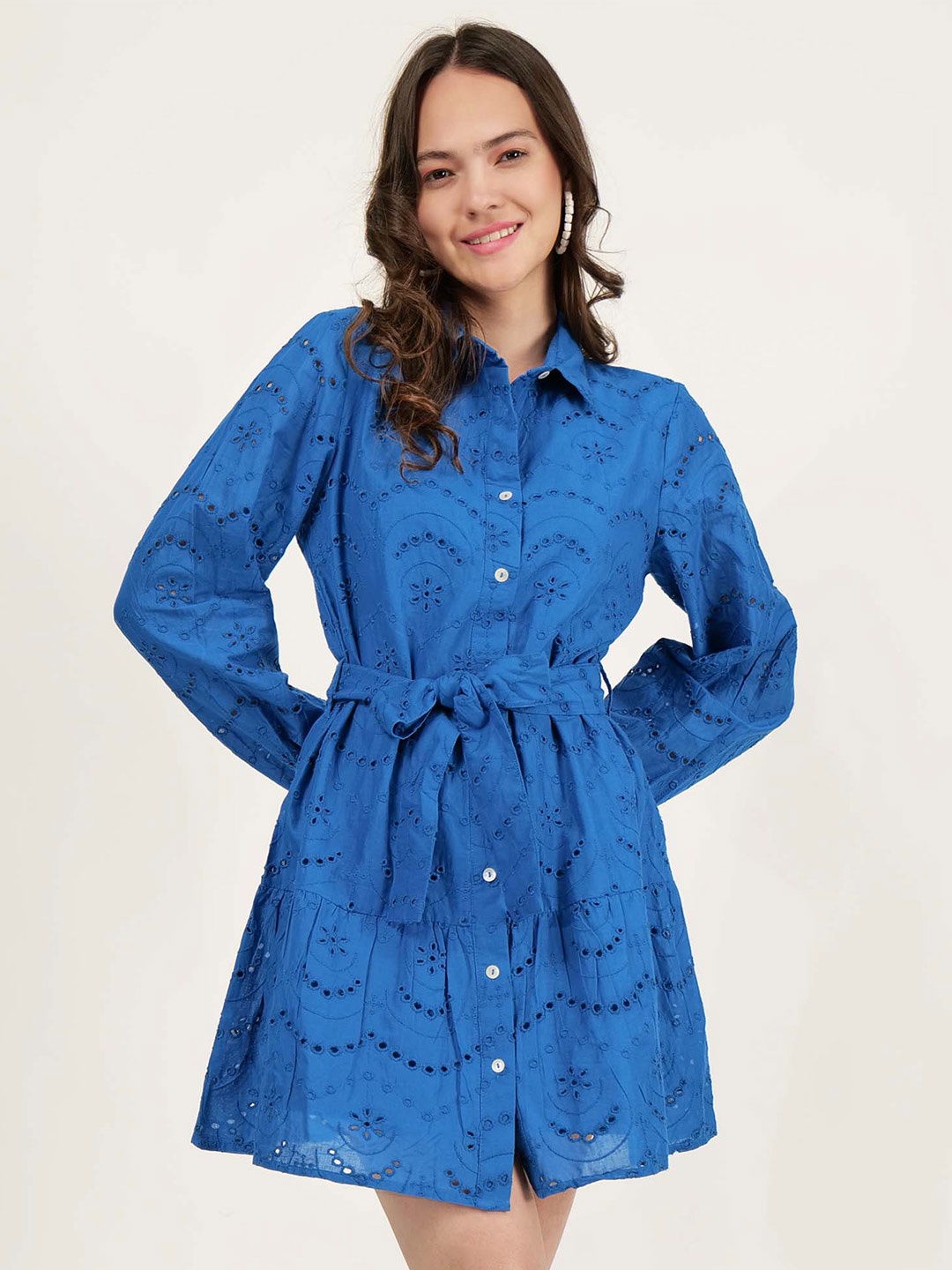 

DRIRO Schiffli Belted Cotton Shirt Dress, Blue