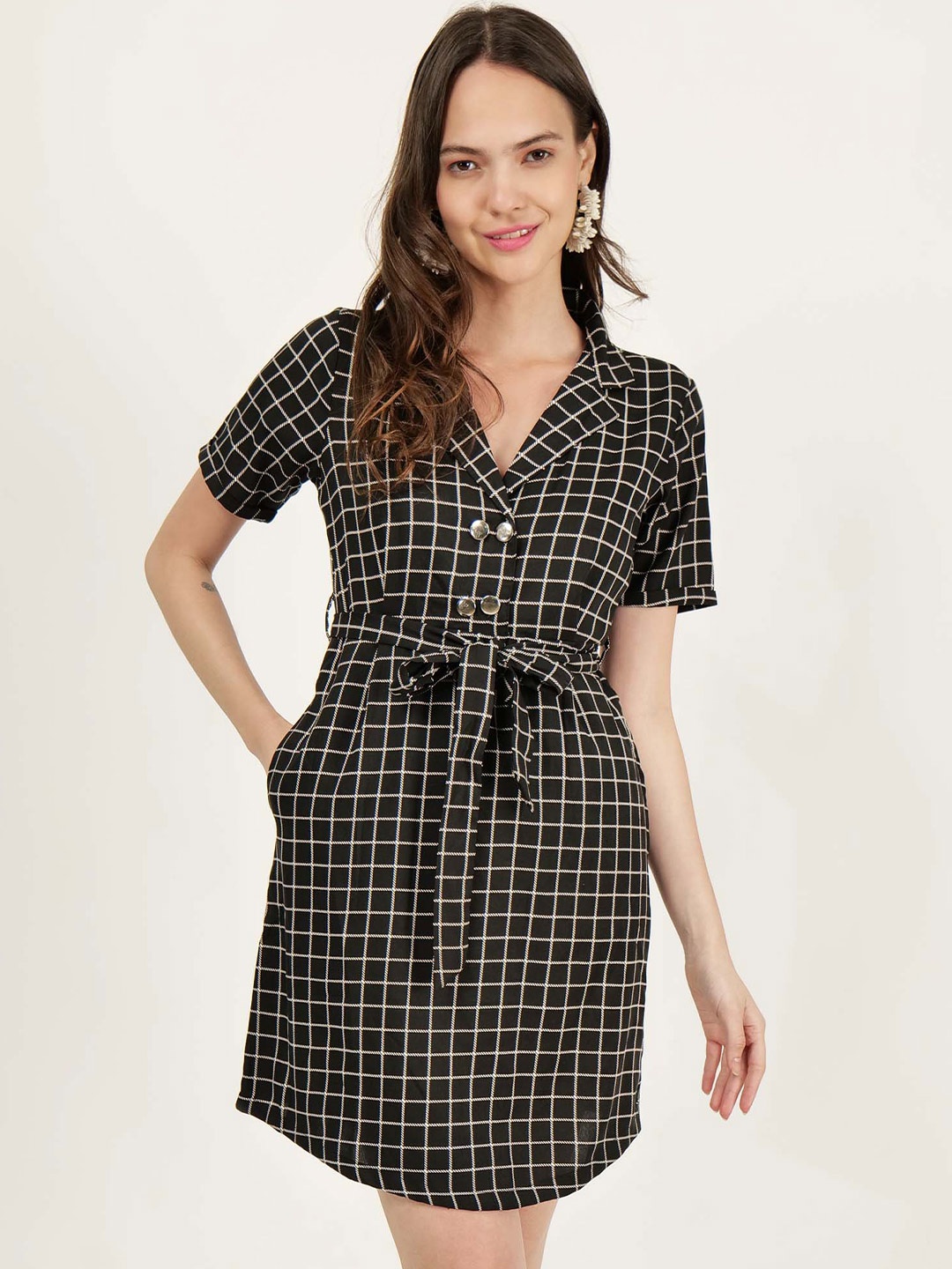 

DRIRO Checked Belted Shirt Dress, Black