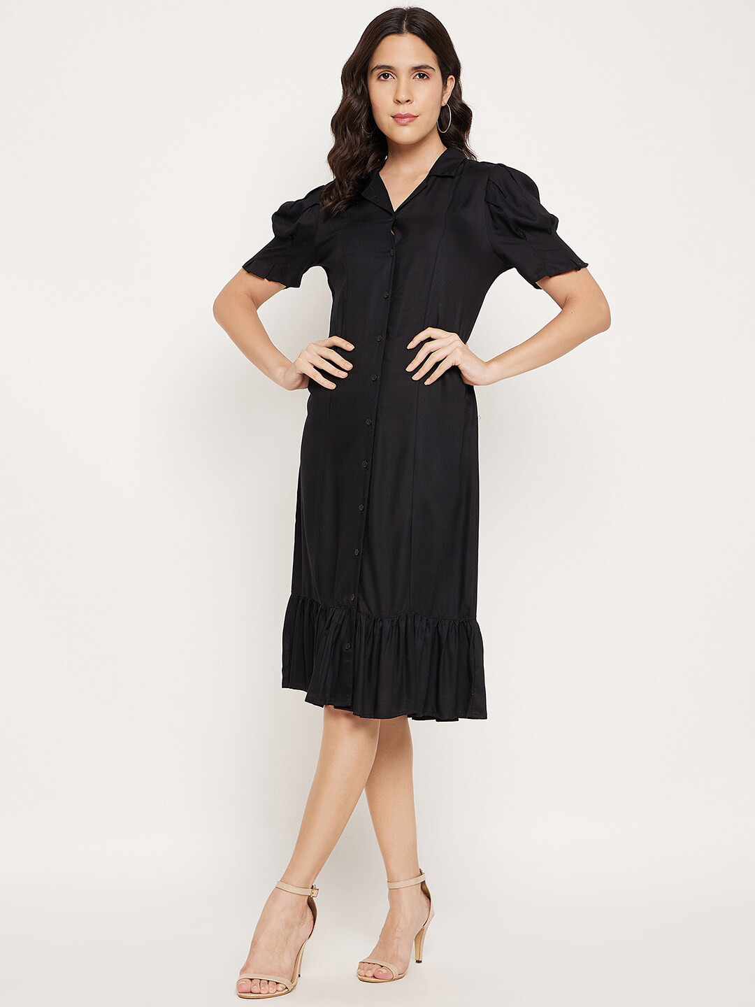

Duke Puff Sleeves Pleated Shirt Dress, Black