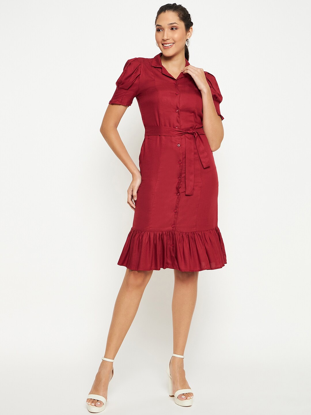 

Duke Puff Sleeves Belted Shirt Dress, Red