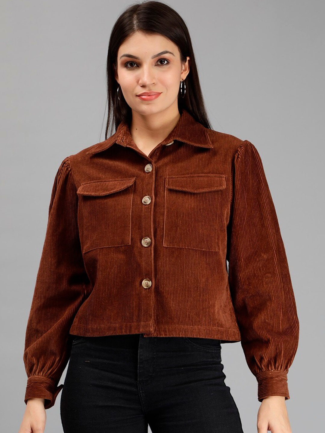 

Miga by Shaberry Striped Corduroy Crop Tailored Jacket, Brown