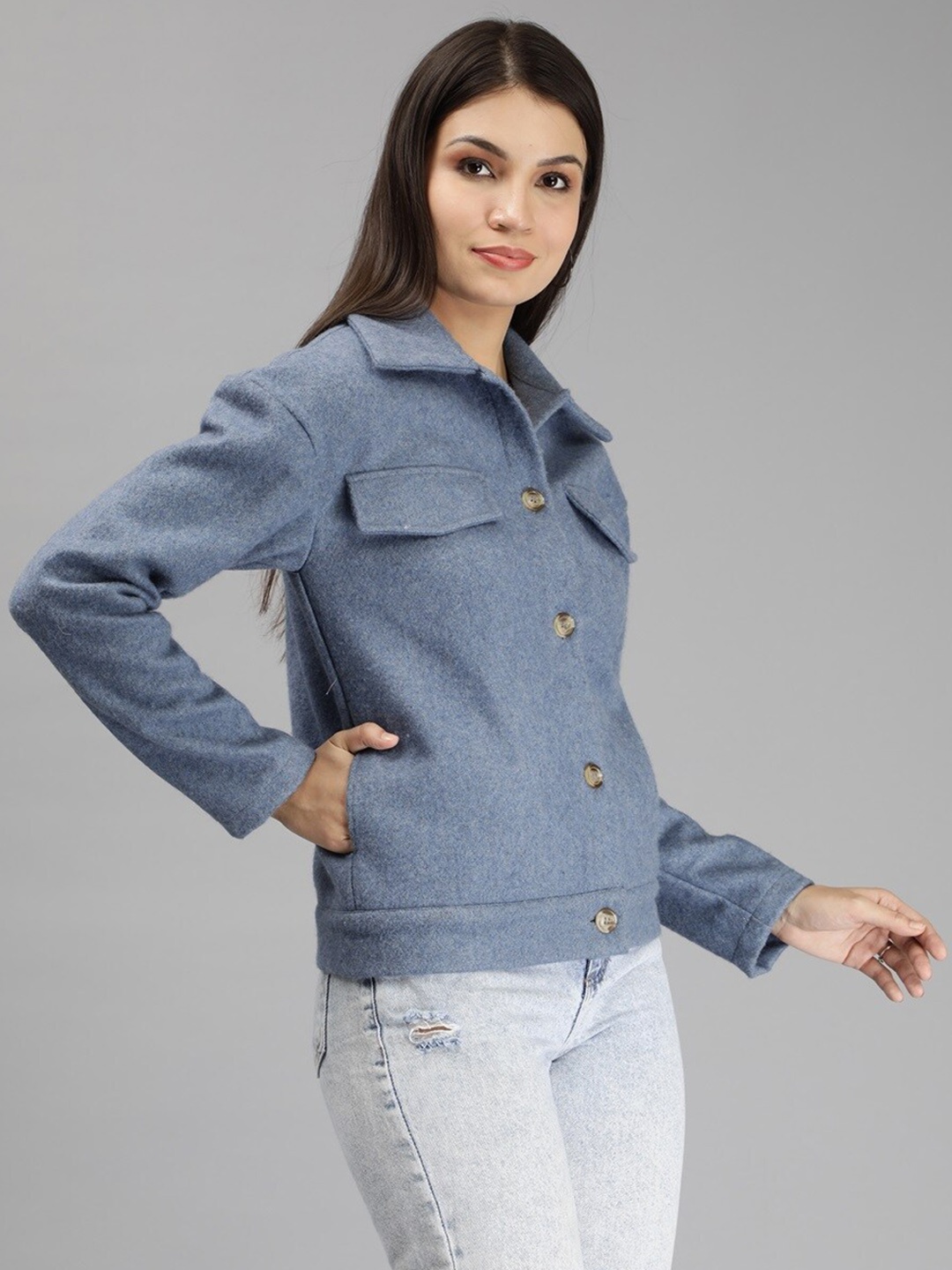 

Miga by Shaberry Spread Collar Fleece Crop Tailored Jacket, Blue
