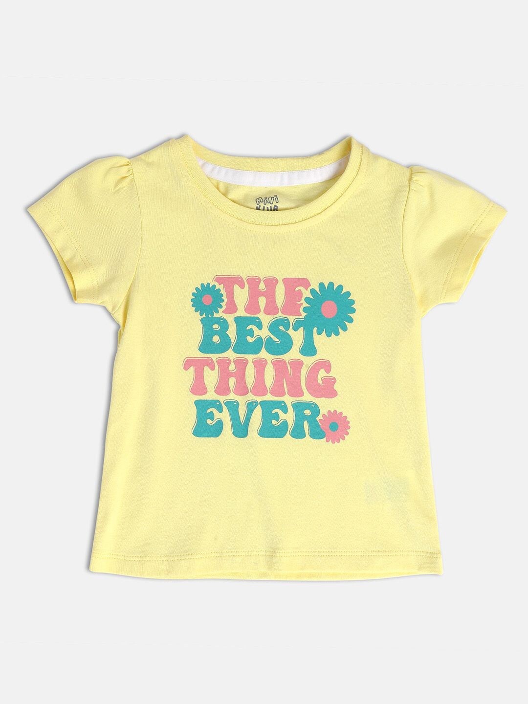 

MINI KLUB Girls Typography Printed Round Neck Puff Sleeves Cotton Top, Yellow