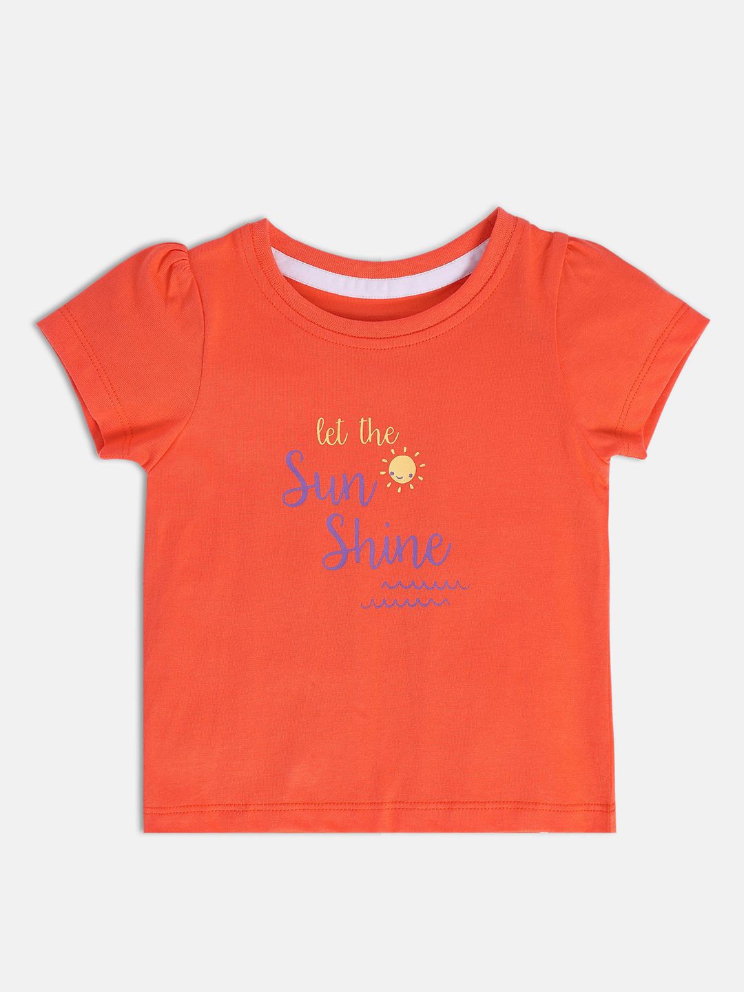 

MINI KLUB Girls Typography Printed Round Neck Puff Sleeves Cotton Top, Orange