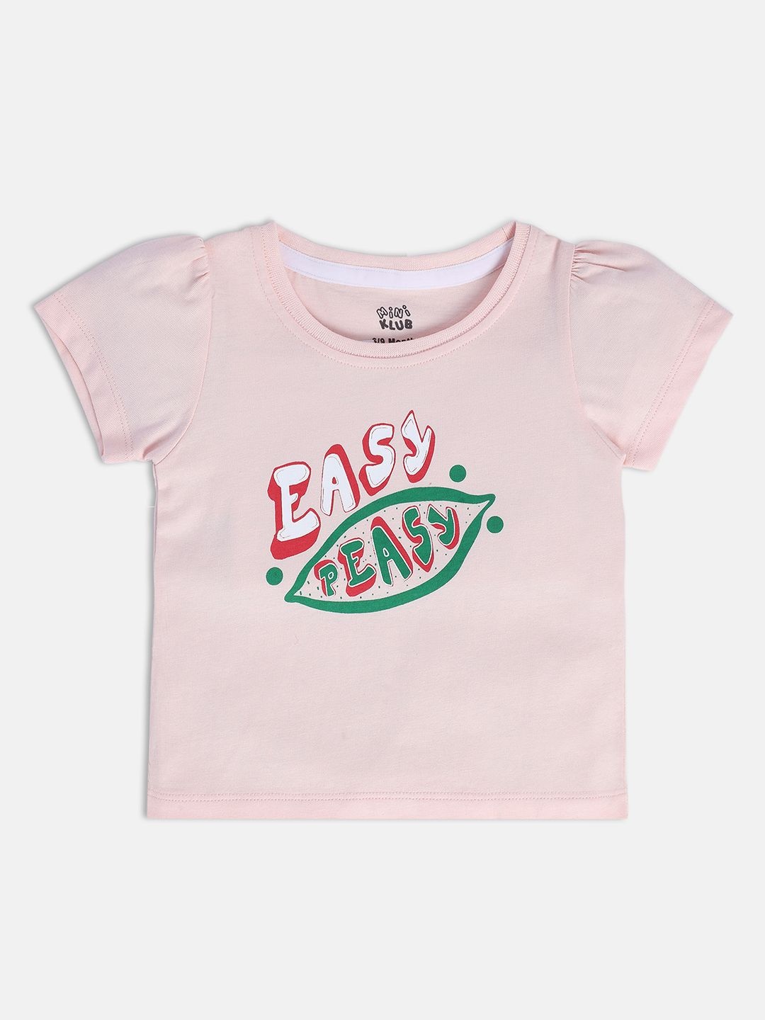 MINI KLUB Girls Typography Printed Round Neck Puff Sleeves Cotton Top, Pink