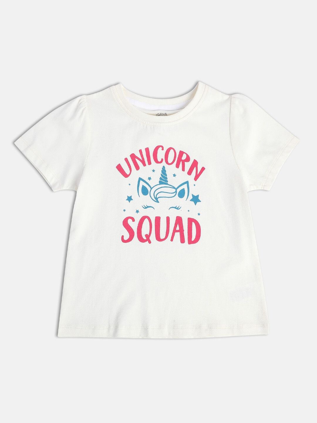 

MINI KLUB Girls Typography Printed Round Neck Puff Sleeves Cotton Top, White