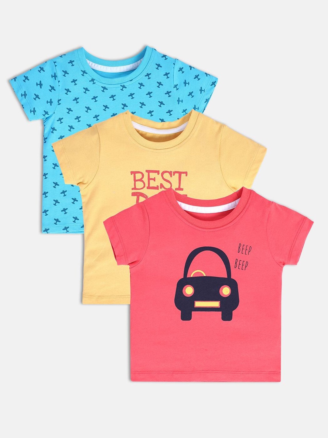

MINI KLUB Boys Pack Of 3 Printed Graphic Printed Pure Cotton T-Shirt, Blue