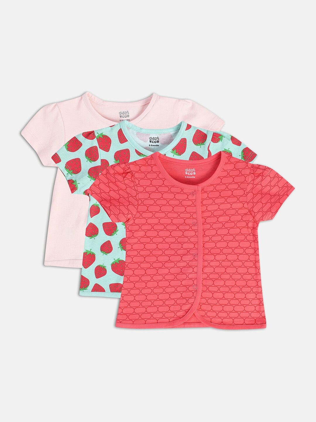 

MINI KLUB Infants Girls Pack of 3 Conversational Printed Cotton Top, Peach