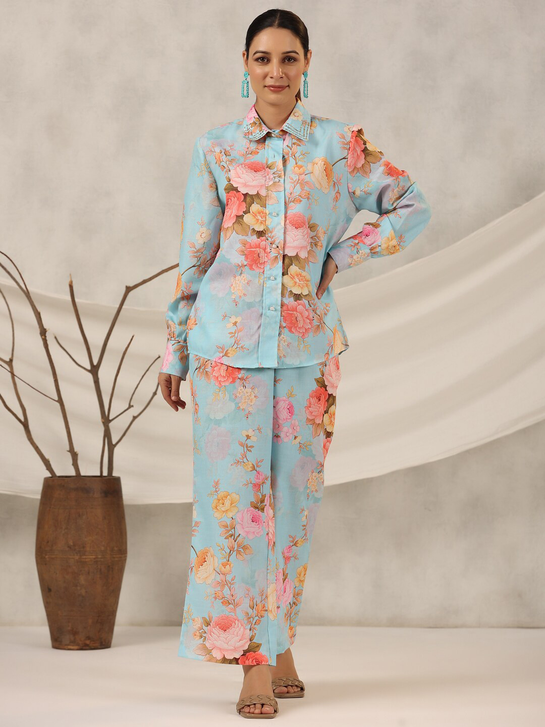 

Juniper Printed Linen Shirt & Palazzos, Blue
