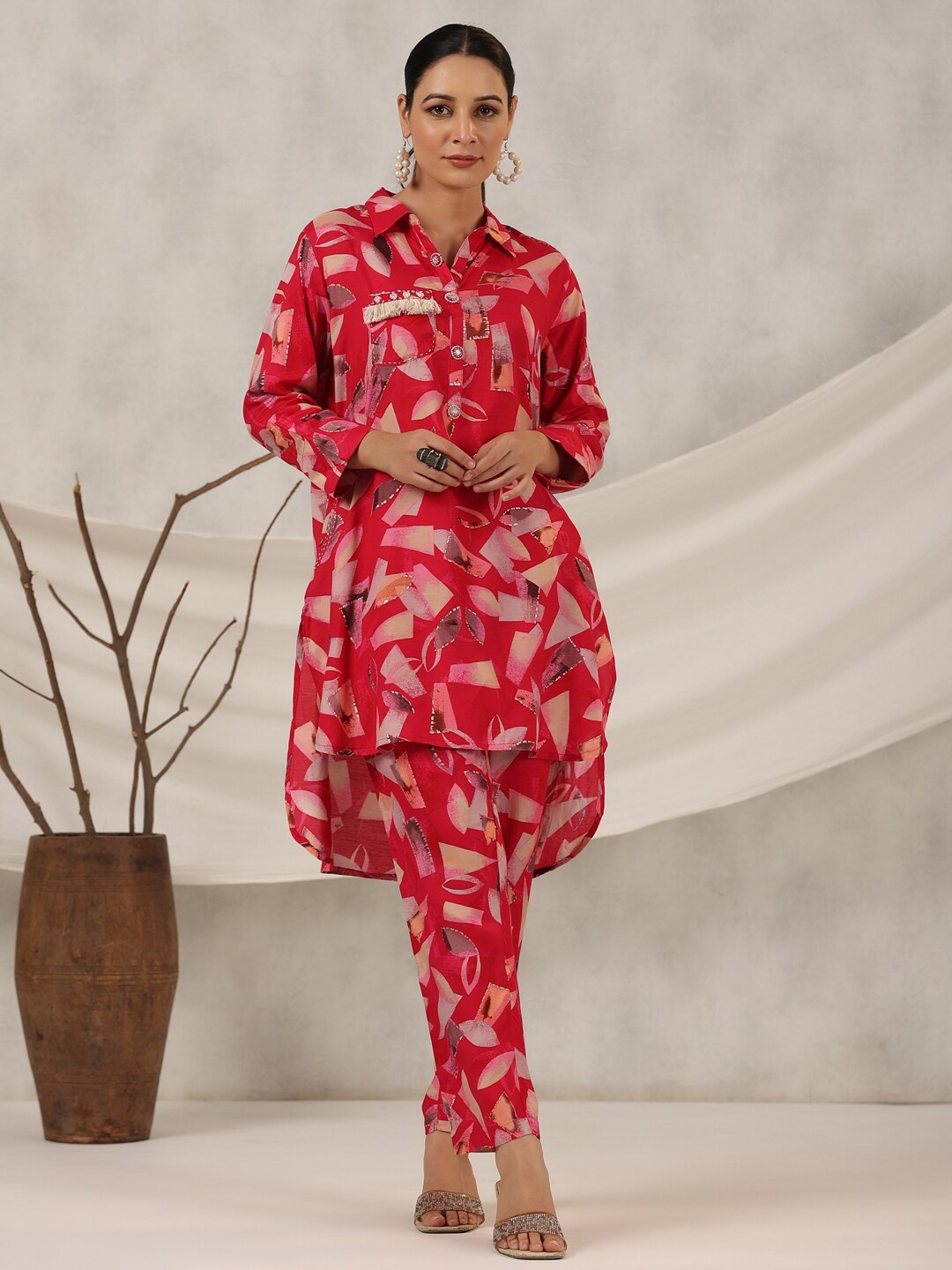 

Juniper Abstract Printed Shirt Collar Long Sleeve Muslin Top With Trouser, Fuchsia