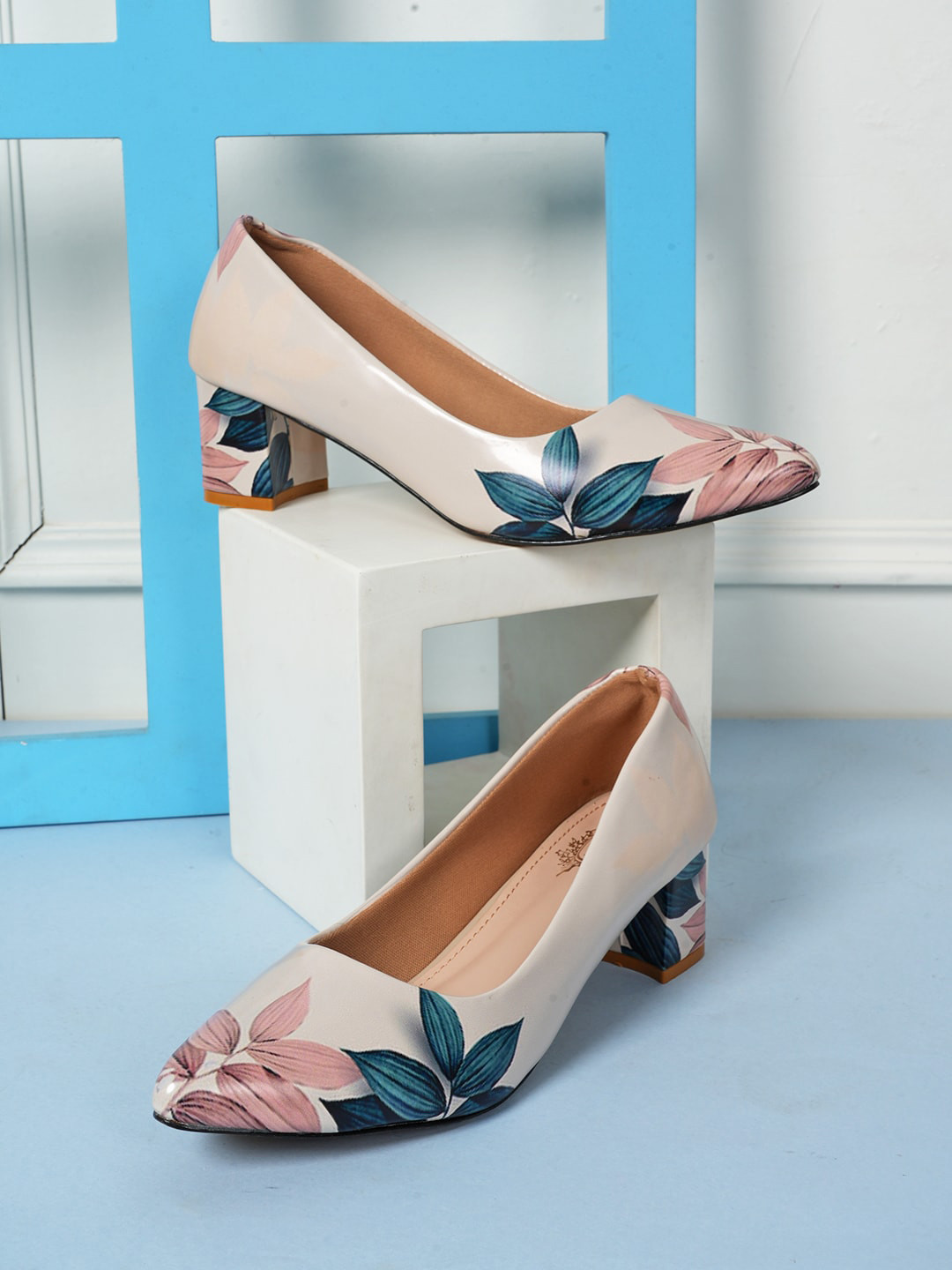

Style Shoes Printed Block Pumps, Cream