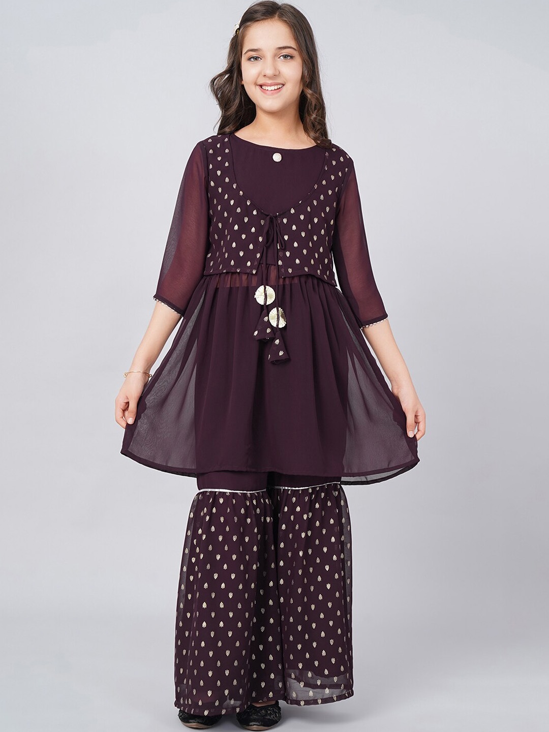 

J Turritopsis Girls Ethnic Motifs Printed A-Line Kurta with Sharara, Burgundy