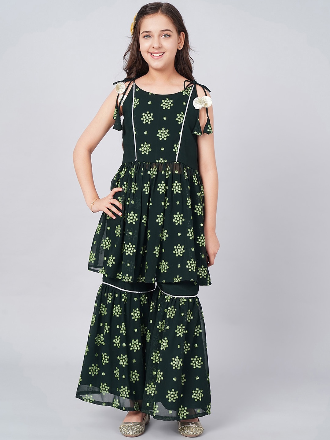 

J Turritopsis Girls Floral Printed Georgette Anarkali Kurta with Sharara, Green