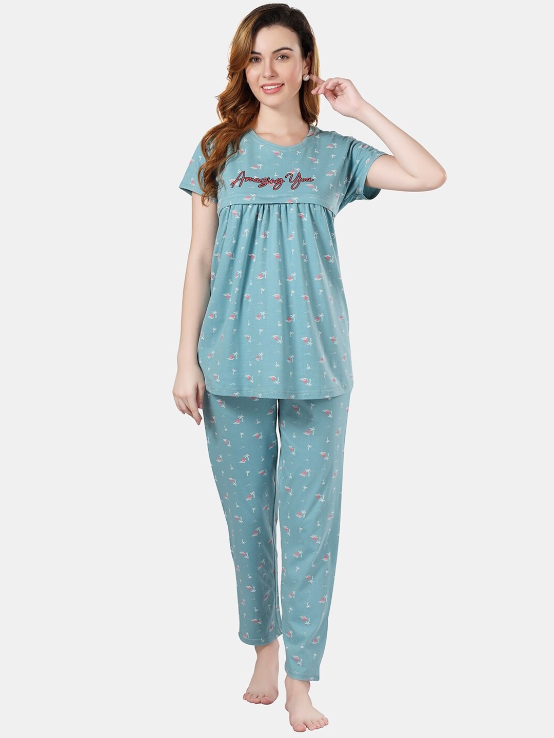 

Fabme Floral Printed Pure Cotton Maternity And Feeding Night suit, Sea green