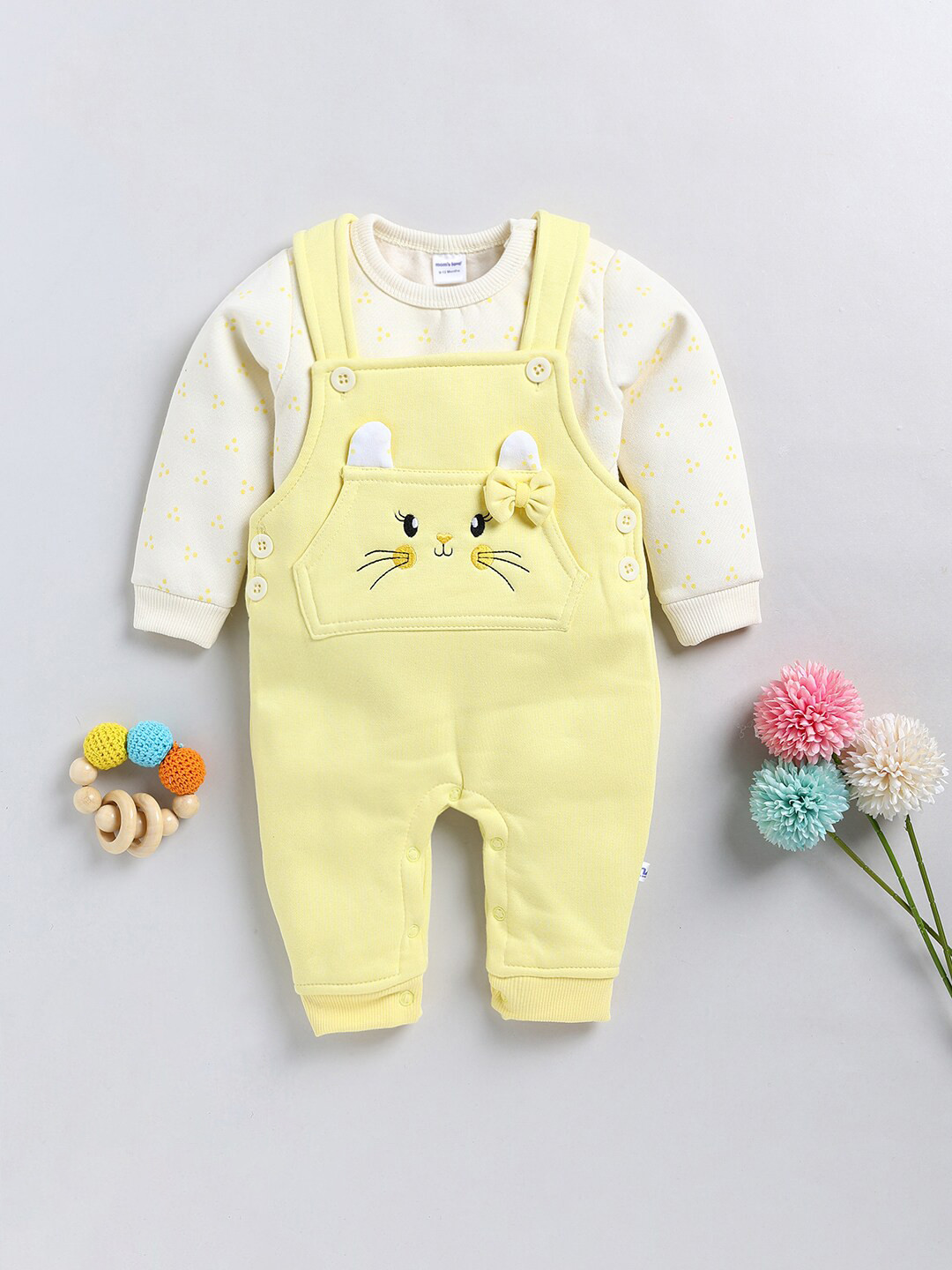 

Moms Love Infant Girls Graphic Embroidered Straight-Fit Dungaree With T-shirt, Yellow