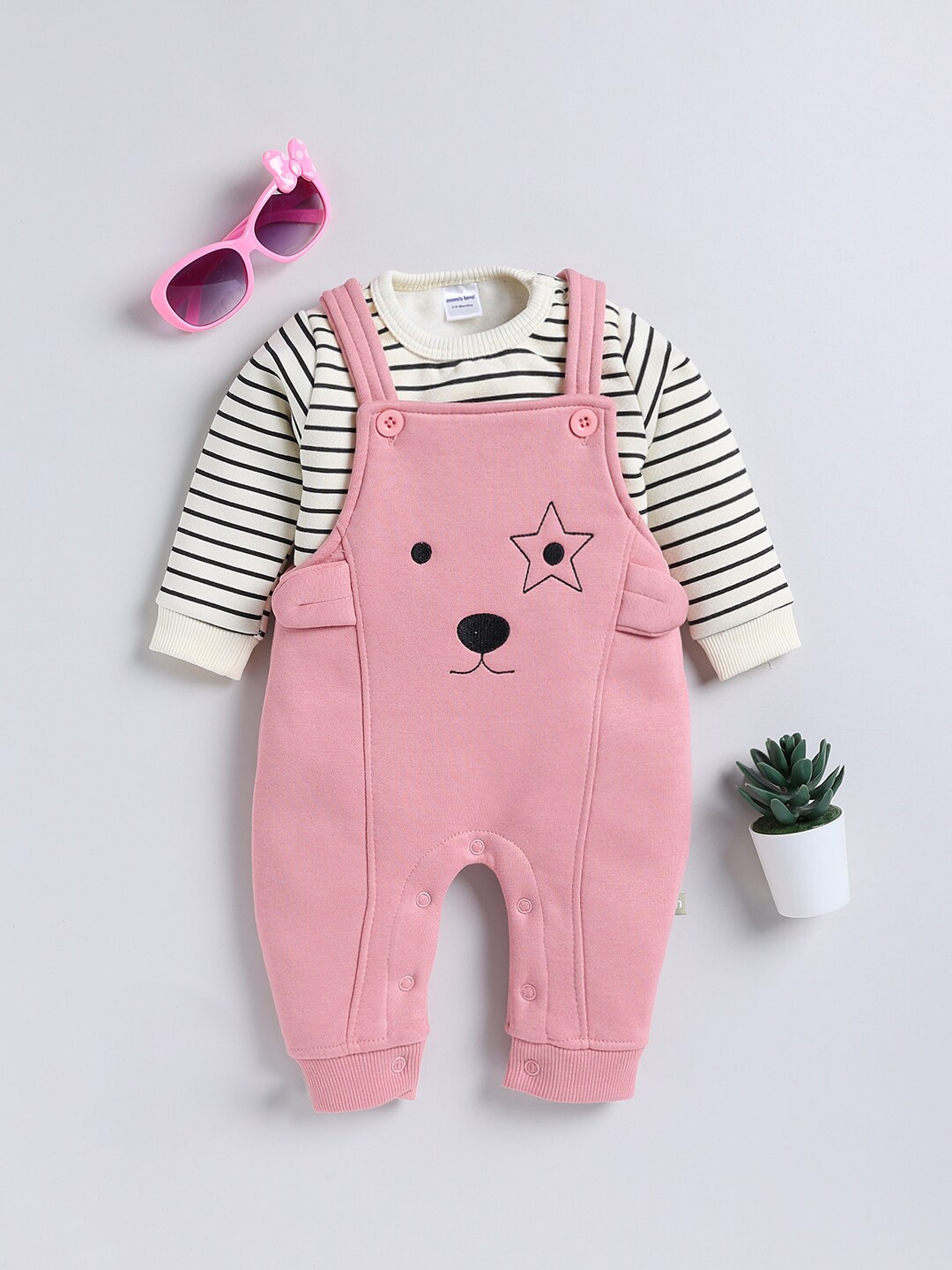 

Moms Love Infant Boys Graphic Embroidered Straight-Fit Dungaree With T-shirt, Pink