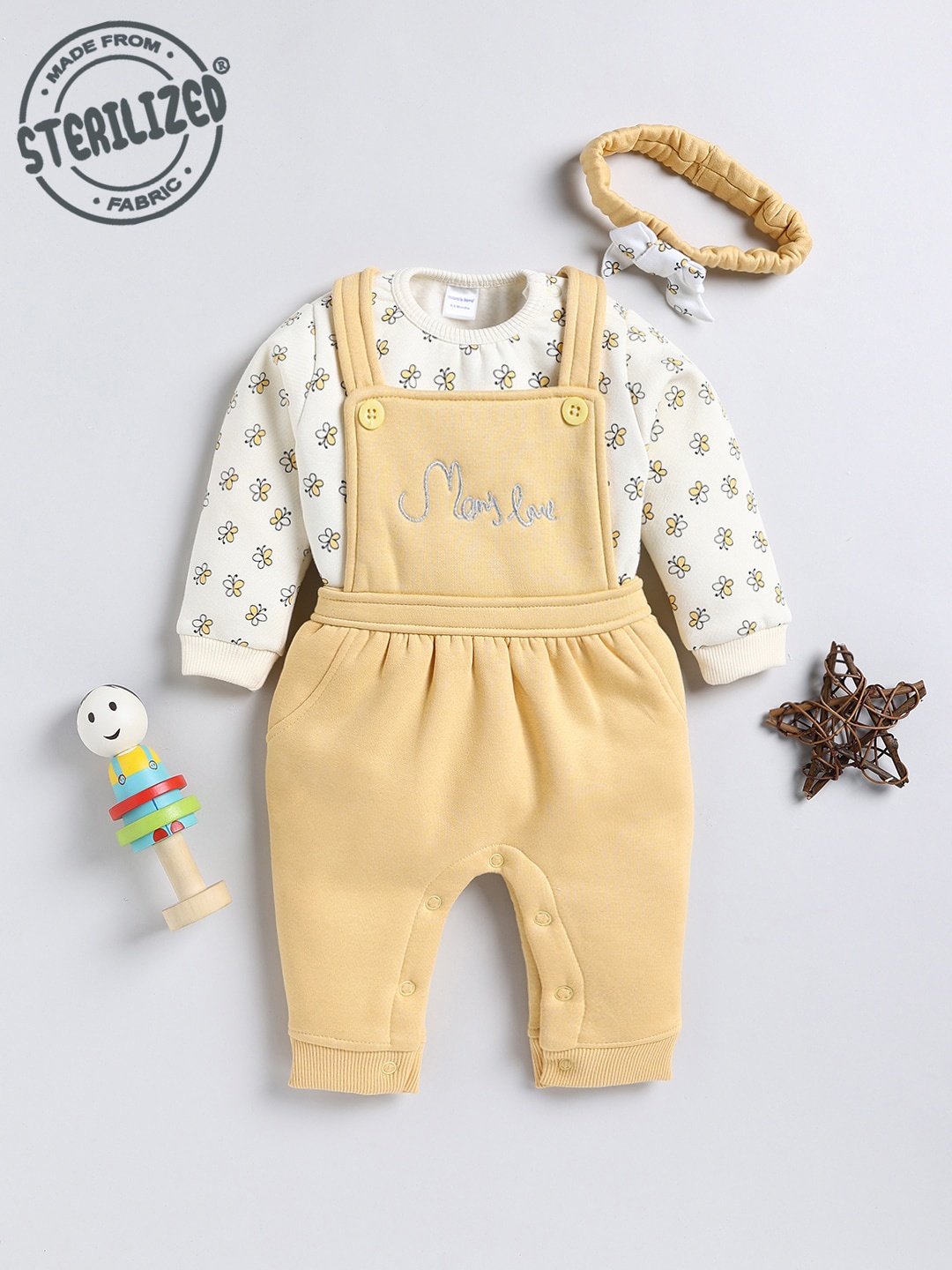 

Moms Love Infant Girls Typography Embroidered Dungaree With T-shirt & Headband, Mustard