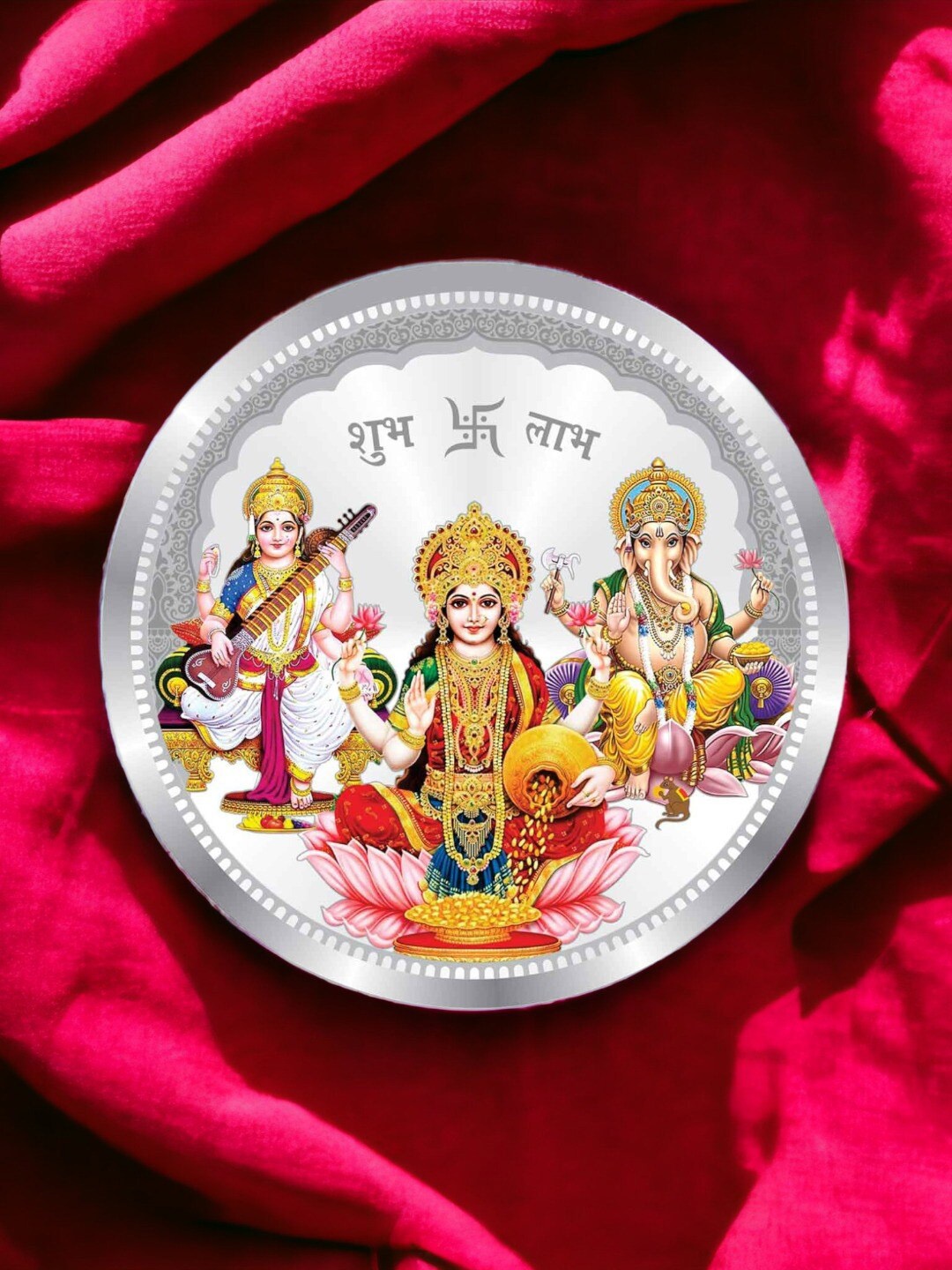 

Taraash Lakshmi Ganesha Saraswati 999 Silver Coin-50gm