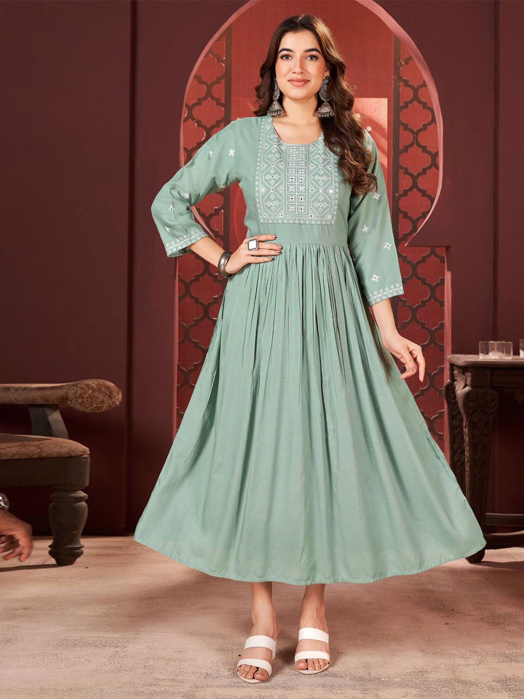 

KALINI Ethnic Motifs Embroidered Embellished Fit & Flare Maxi Ethnic Dress, Green