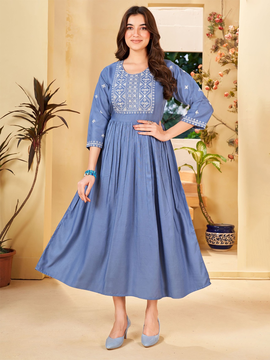 

KALINI Ethnic Motifs Embroidered Round Neck Embellished Fit & Flare Midi Ethnic Dress, Blue