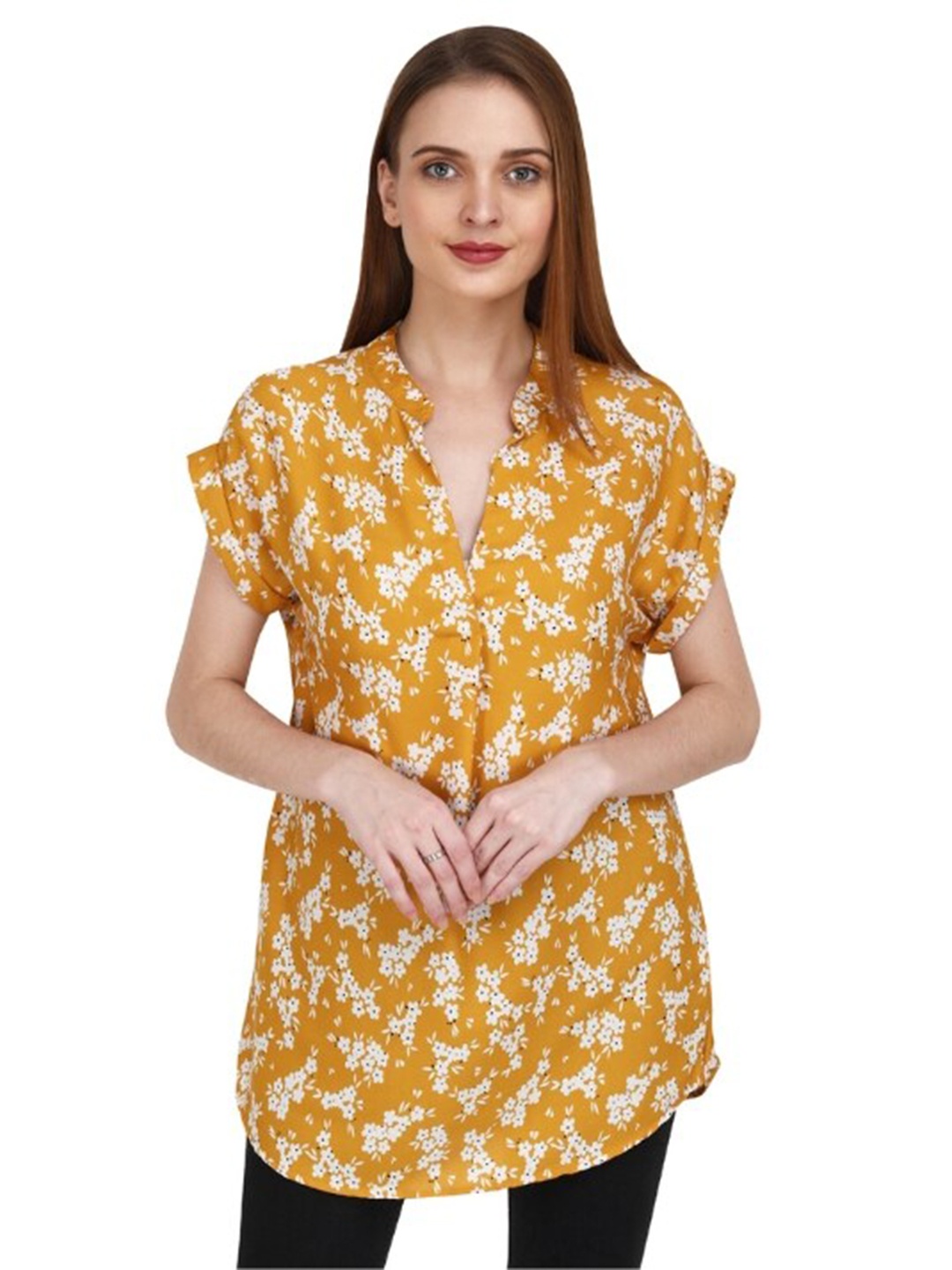 

Lulala Floral Print Mandarin Collar Shirt Style Top, Yellow