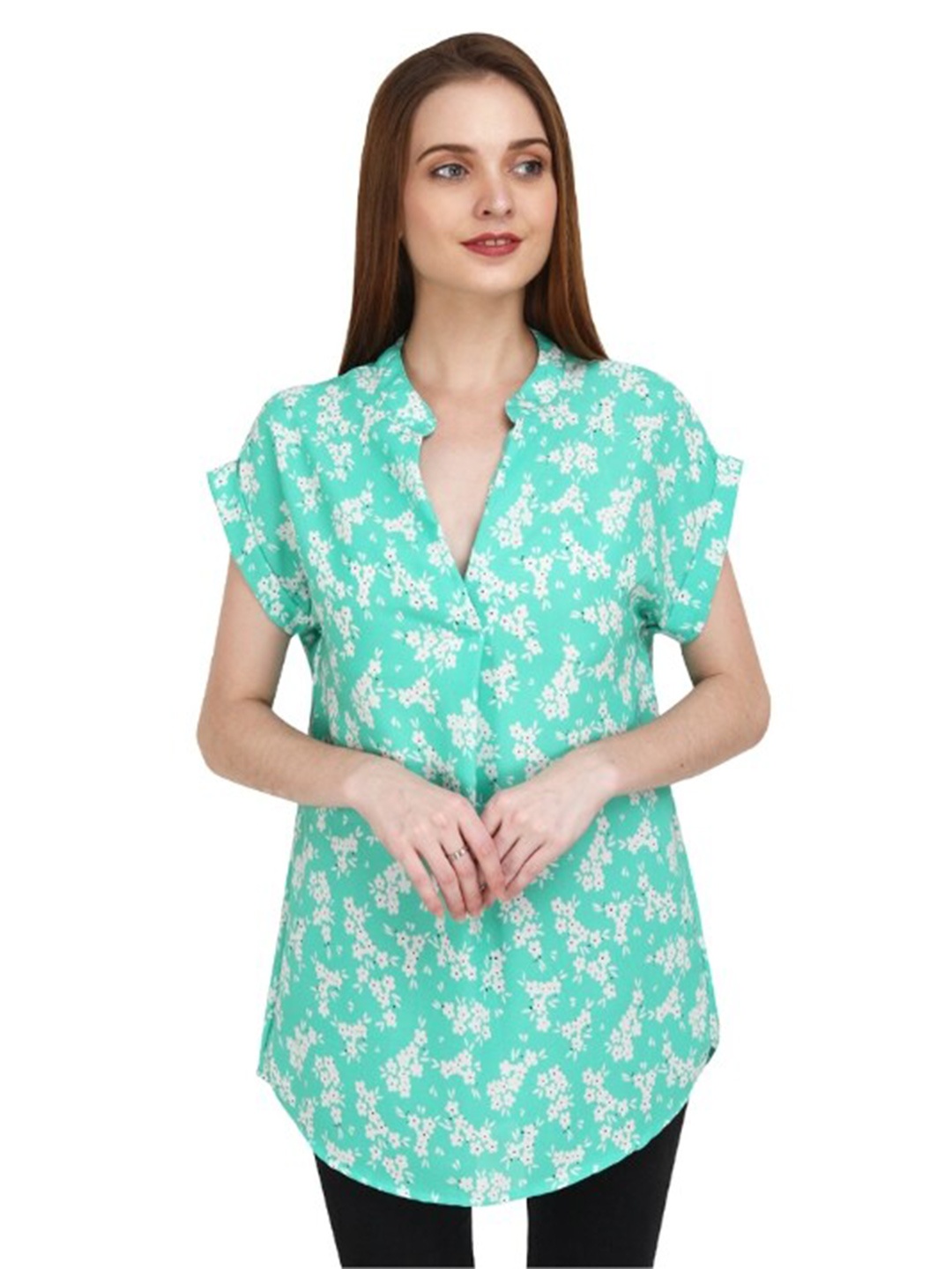 

Lulala Floral Printed Mandarin Collar Extended Sleeves Longline Top, Green