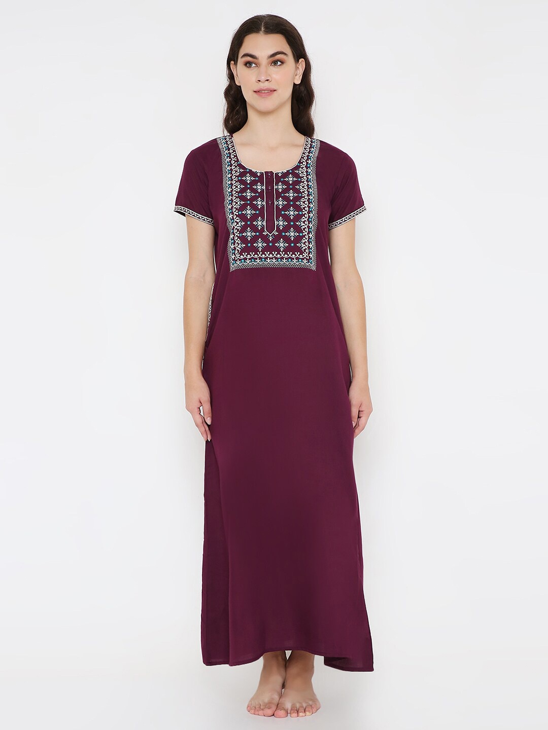 

Sand Dune Ethnic Motifs Embroidered Maxi Nightdress, Maroon