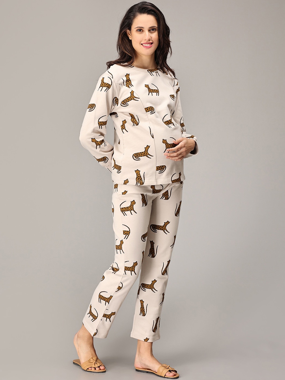 

The Mom Store Maternity Printed Pure Cotton Top & Trouser Co-Ord Set, Beige