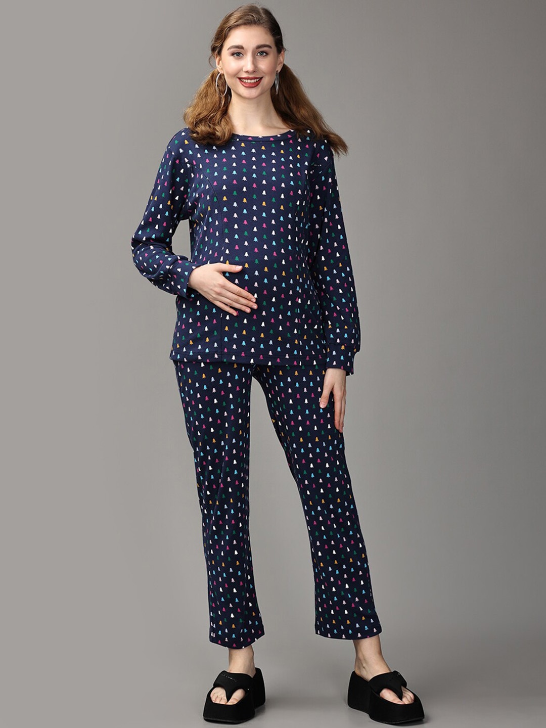 

The Mom Store Maternity Printed Pure Cotton Top With Trousers Co-Ords, Navy blue