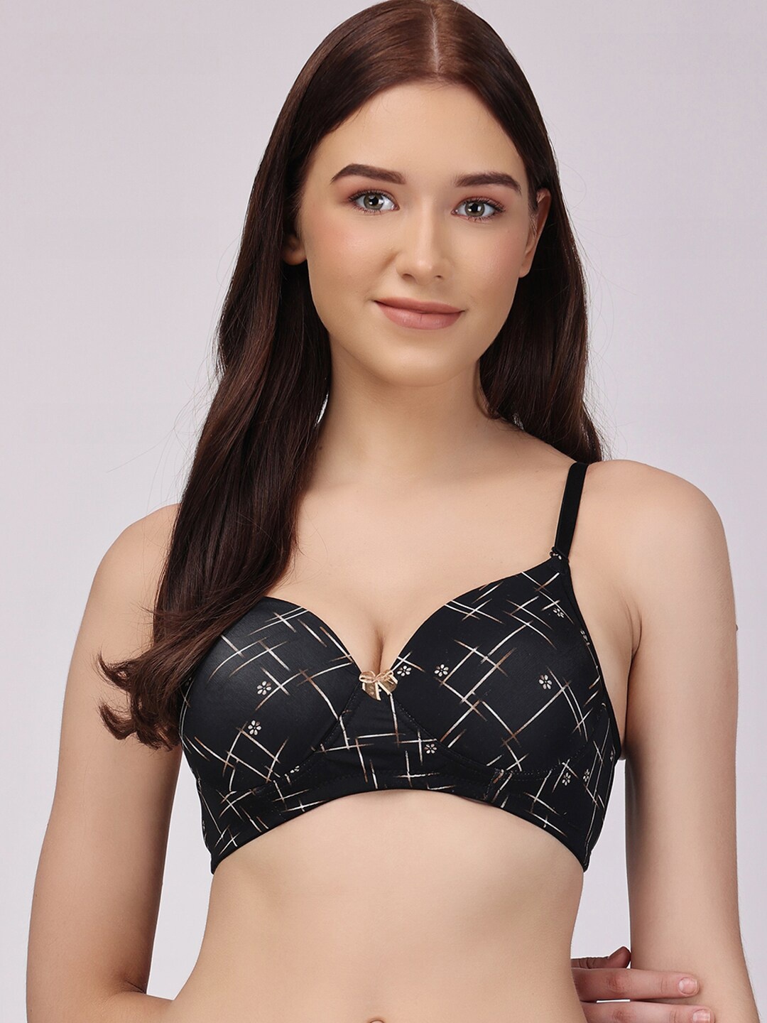 

Floret Geometric Printed Full Coverage Cotton T-shirt Bra With All Day Comfort, Black