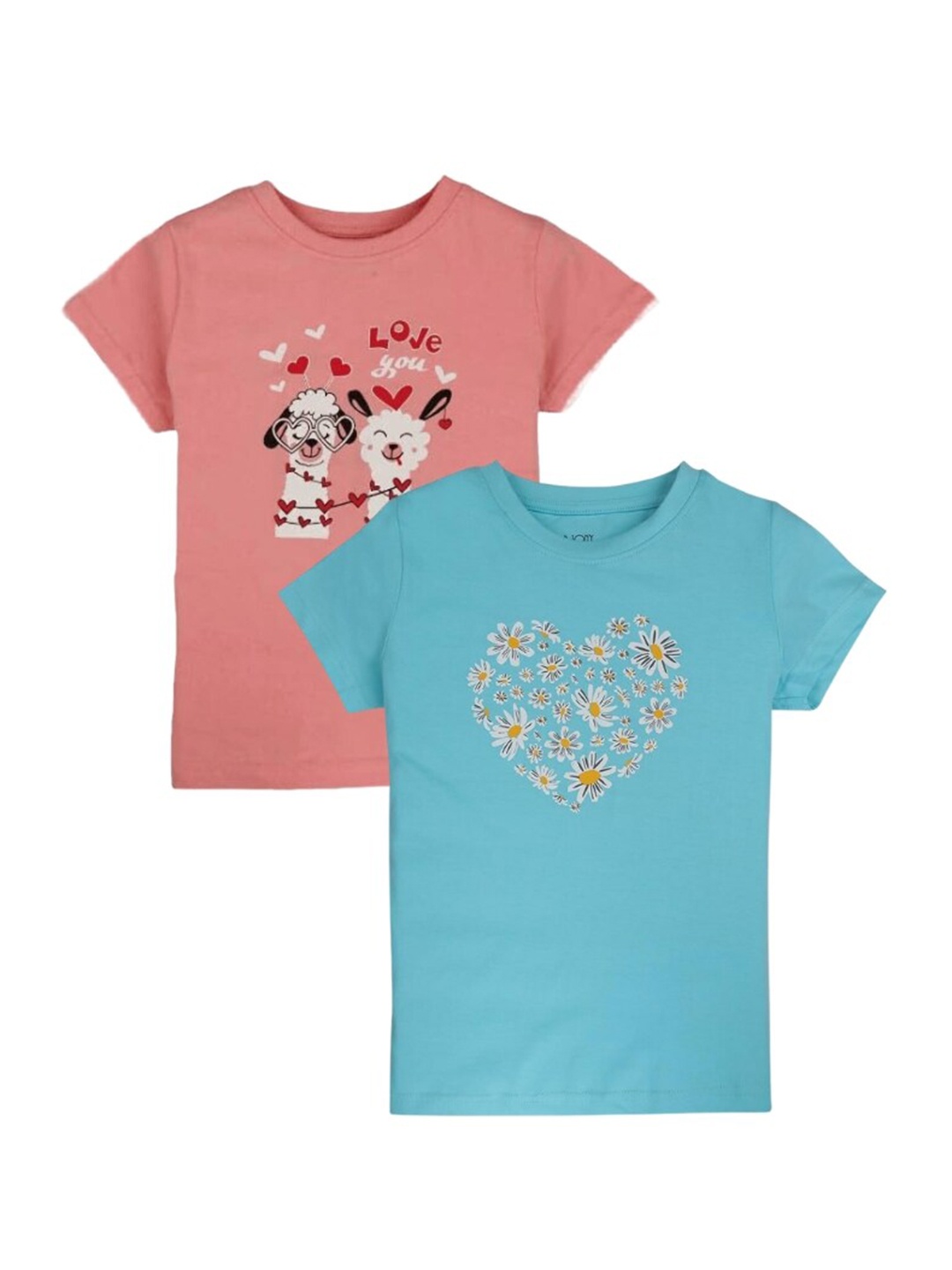 

Gini and Jony Girls Pack Of 2 Graphic Printed Round Neck Cotton T-Shirt, Peach