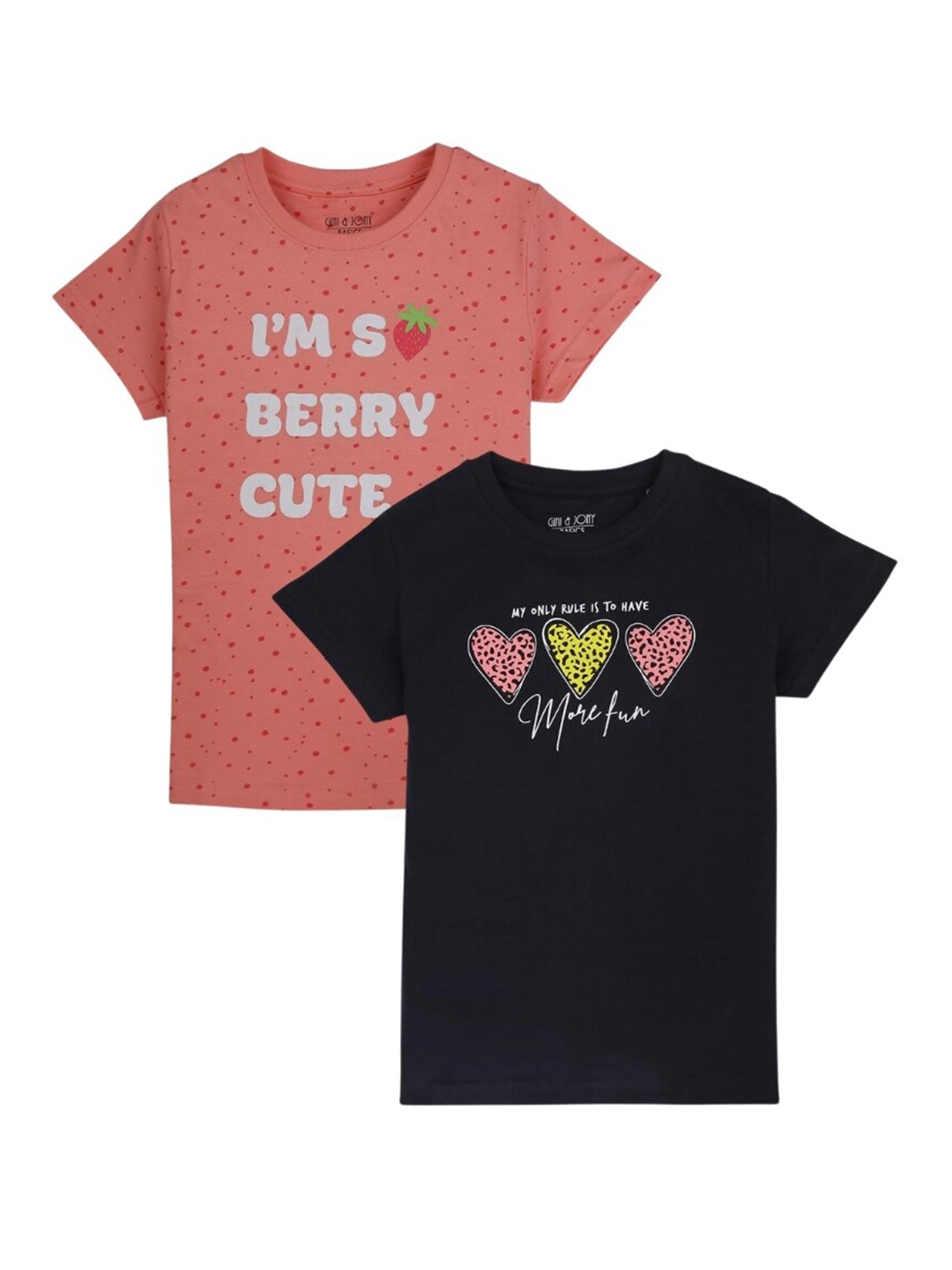 

Gini and Jony Girls Pack Of 2 Typography Printed Cotton T-shirt, Peach