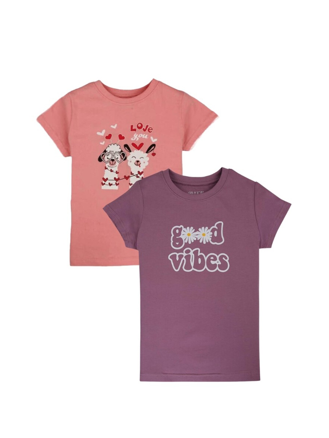 

Gini and Jony Girls Pack Of 2 Printed Cotton T-Shirts, Peach