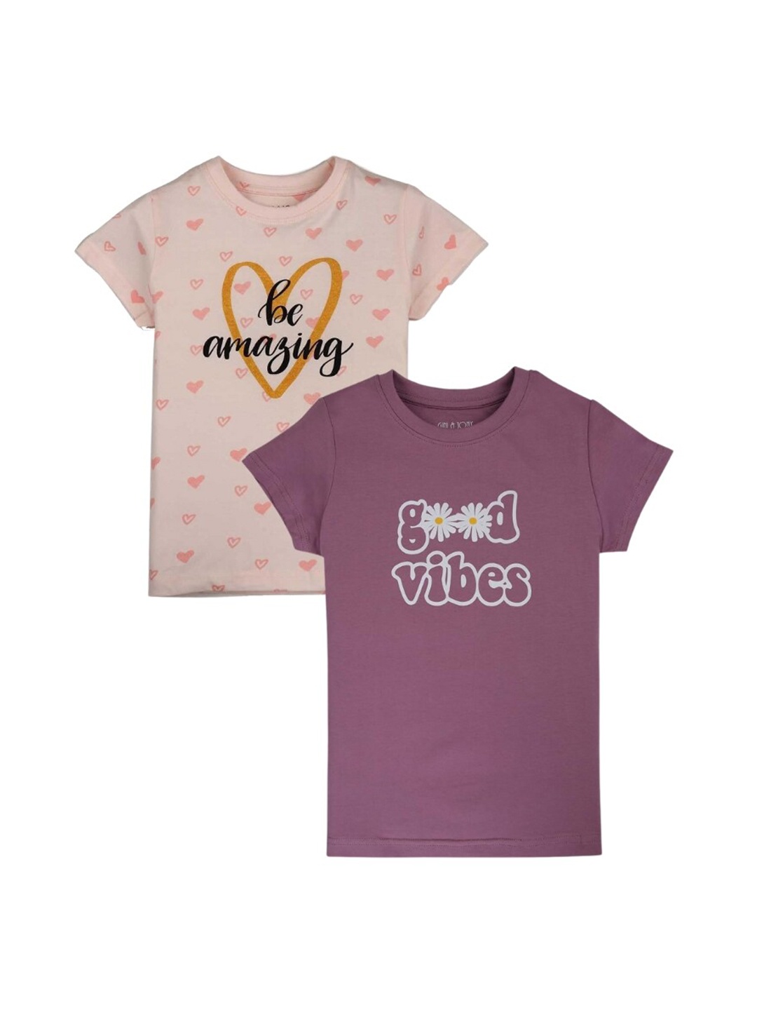 

Gini and Jony Girls Pack Of 2 Typography Printed Cotton T-shirt, Purple