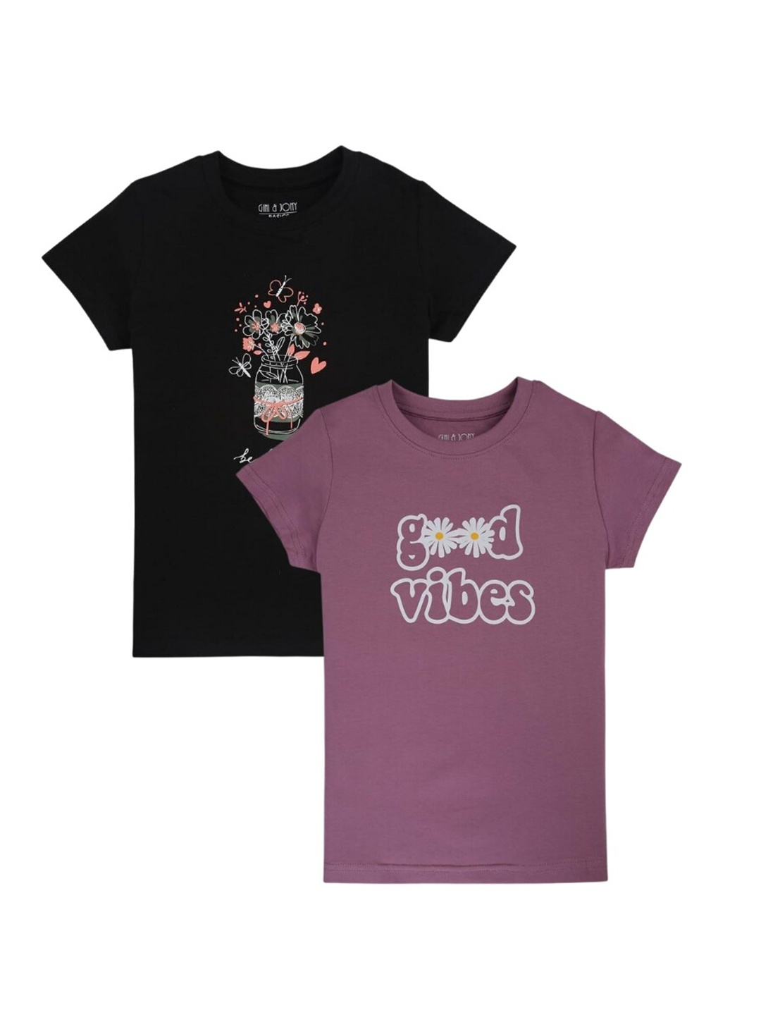 

Gini and Jony Girls Pack Of 2 Typography Printed Cotton T-shirt, Purple